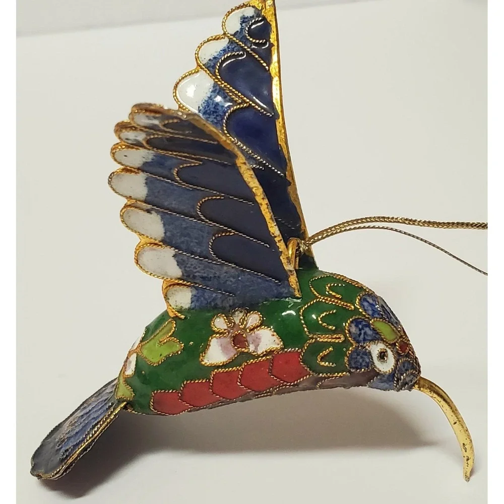 Enameled Cloisonne Christmas Ornament Hummingbird Gold Edge Feathers Multicolor - Picture 2 of 13